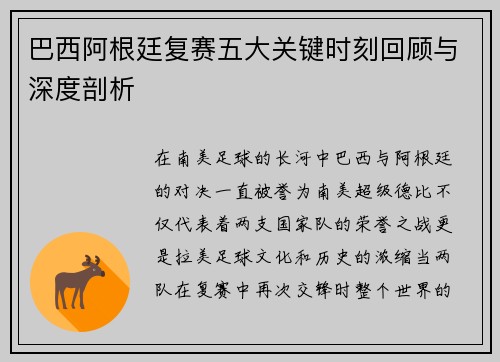 巴西阿根廷复赛五大关键时刻回顾与深度剖析